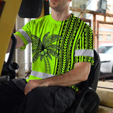 Hi Vis Shirt Reflective Tapes Lime Neon Polynesian And Tree Custom Name Safety Workwear For Workers, Truckers, Operators