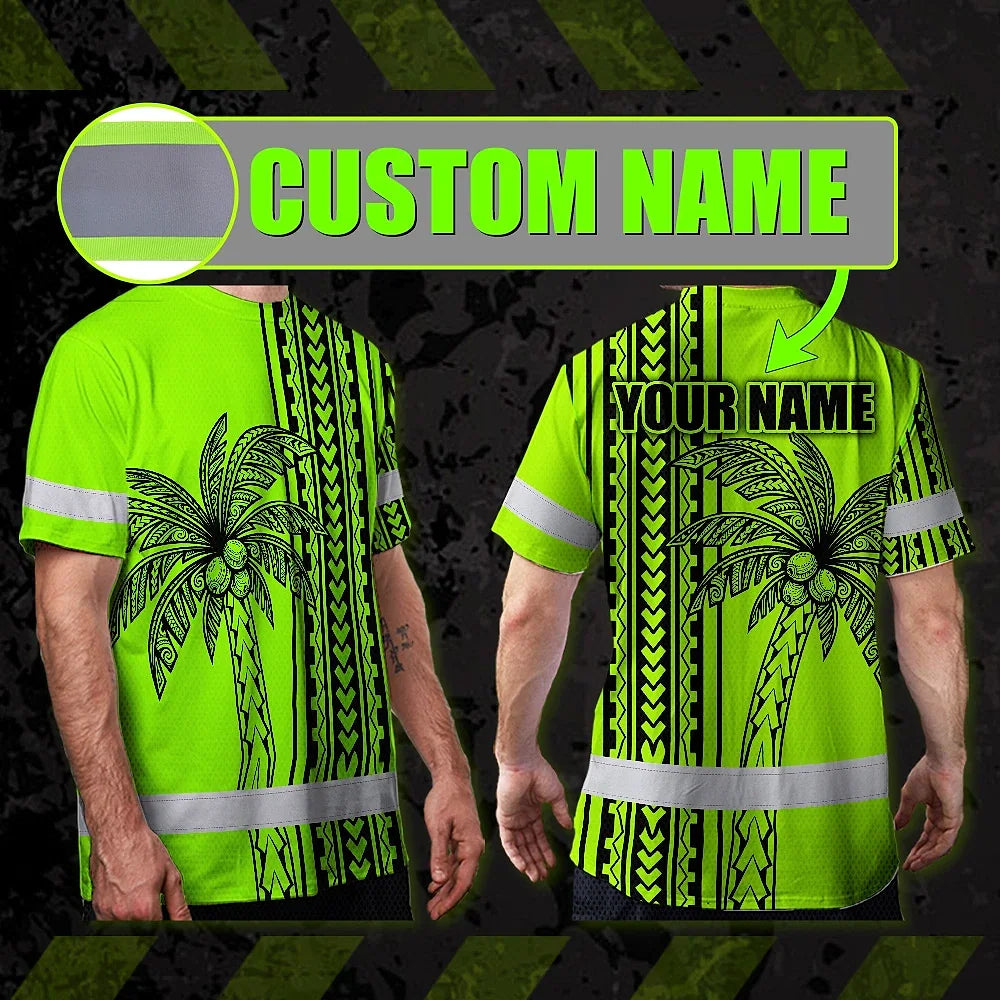Hi Vis Shirt Reflective Tapes Lime Neon Polynesian And Tree Custom Name Safety Workwear For Workers, Truckers, Operators