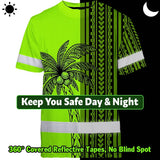 Hi Vis Shirt Reflective Tapes Lime Neon Polynesian And Tree Custom Name Safety Workwear For Workers, Truckers, Operators