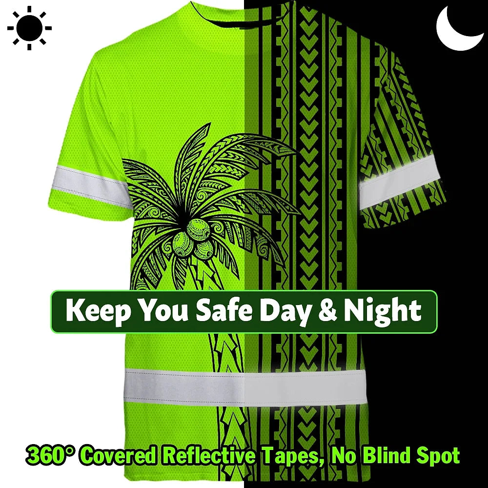 Hi Vis Shirt Reflective Tapes Lime Neon Polynesian And Tree Custom Name Safety Workwear For Workers, Truckers, Operators
