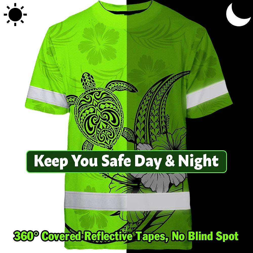 Hi Vis Shirt Reflective Tapes Lime Neon Polynesian Custom Name Safety Workwear For Workers, Truckers, Operators