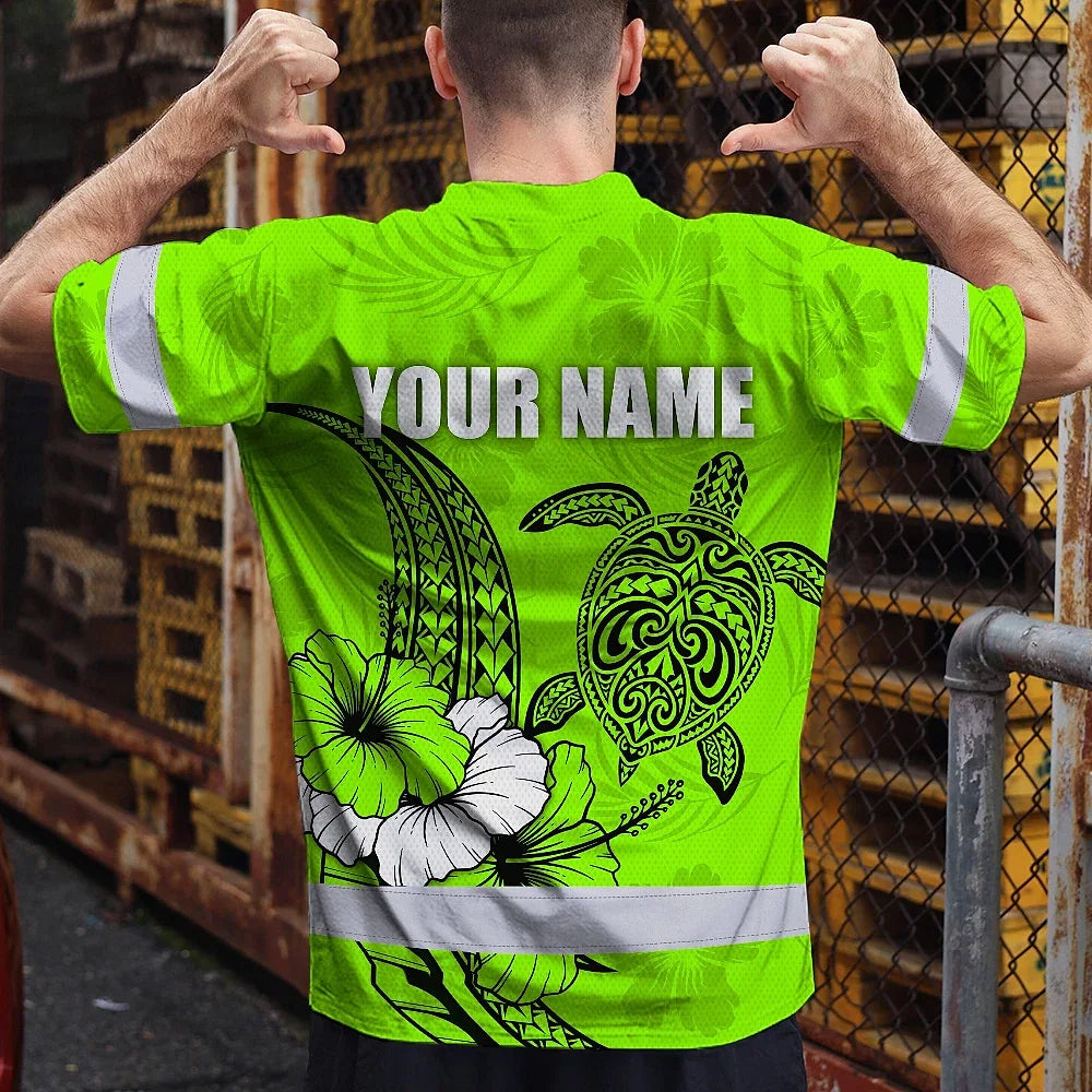 Hi Vis Shirt Reflective Tapes Lime Neon Polynesian Custom Name Safety Workwear For Workers, Truckers, Operators