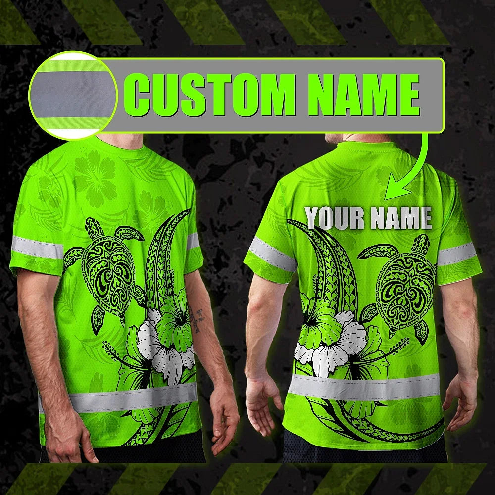 Hi Vis Shirt Reflective Tapes Lime Neon Polynesian Custom Name Safety Workwear For Workers, Truckers, Operators
