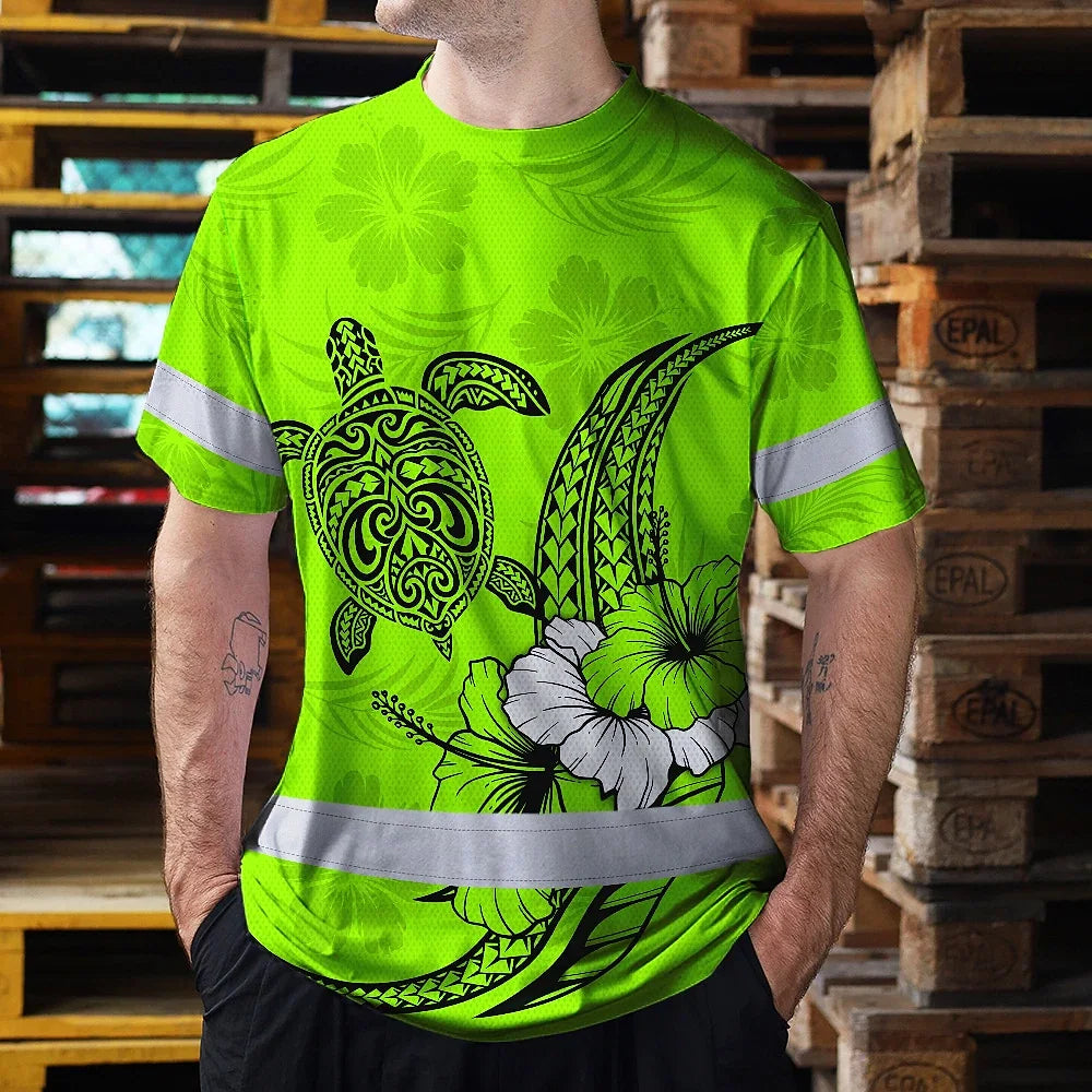Hi Vis Shirt Reflective Tapes Lime Neon Polynesian Custom Name Safety Workwear For Workers, Truckers, Operators
