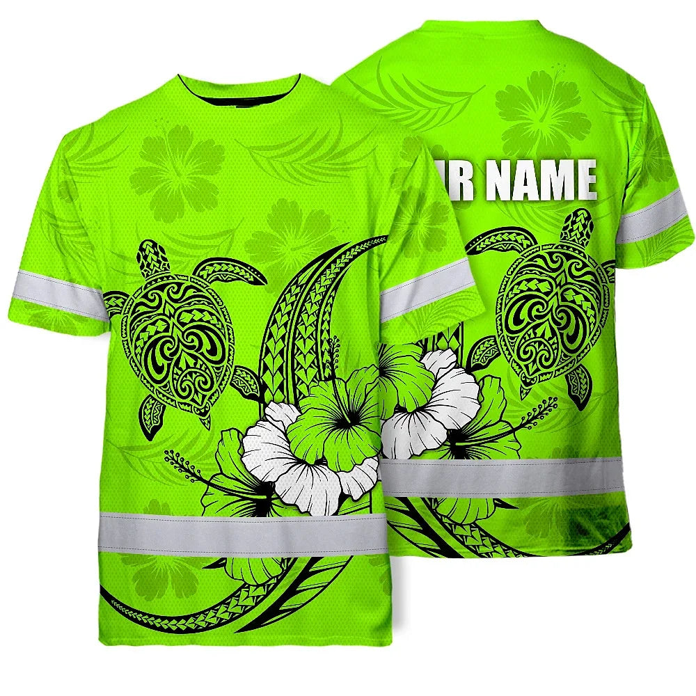 Hi Vis Shirt Reflective Tapes Lime Neon Polynesian Custom Name Safety Workwear For Workers, Truckers, Operators
