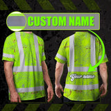 Hi Vis Shirt Reflective Tapes Lime Neon White 2 Flowers Custom Name Safety Workwear For Workers, Truckers, Operators