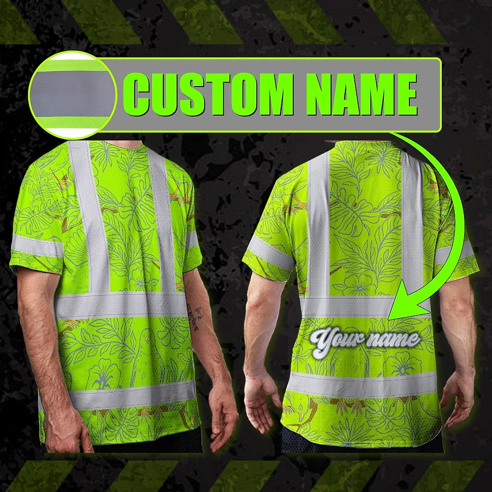 Hi Vis Shirt Reflective Tapes Lime Neon White 2 Flowers Custom Name Safety Workwear For Workers, Truckers, Operators