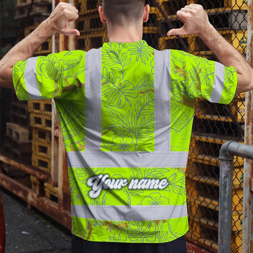 Hi Vis Shirt Reflective Tapes Lime Neon White 2 Flowers Custom Name Safety Workwear For Workers, Truckers, Operators