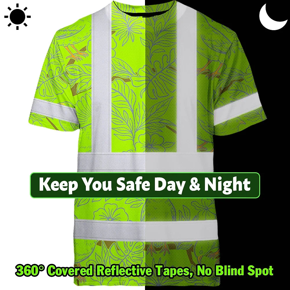 Hi Vis Shirt Reflective Tapes Lime Neon White 2 Flowers Custom Name Safety Workwear For Workers, Truckers, Operators