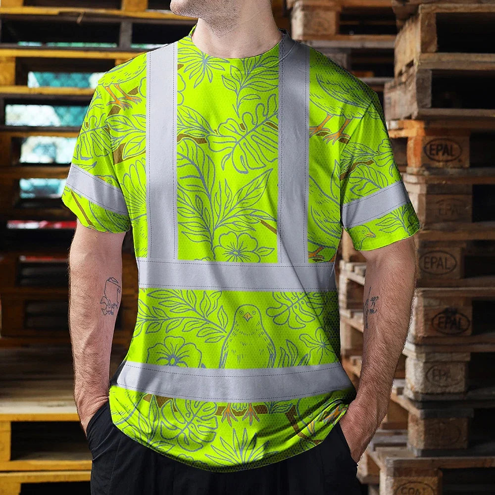 Hi Vis Shirt Reflective Tapes Lime Neon White 2 Flowers Custom Name Safety Workwear For Workers, Truckers, Operators