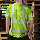 Hi Vis Shirt Reflective Tapes Lime Neon White 2 Flowers Custom Name Safety Workwear For Workers, Truckers, Operators
