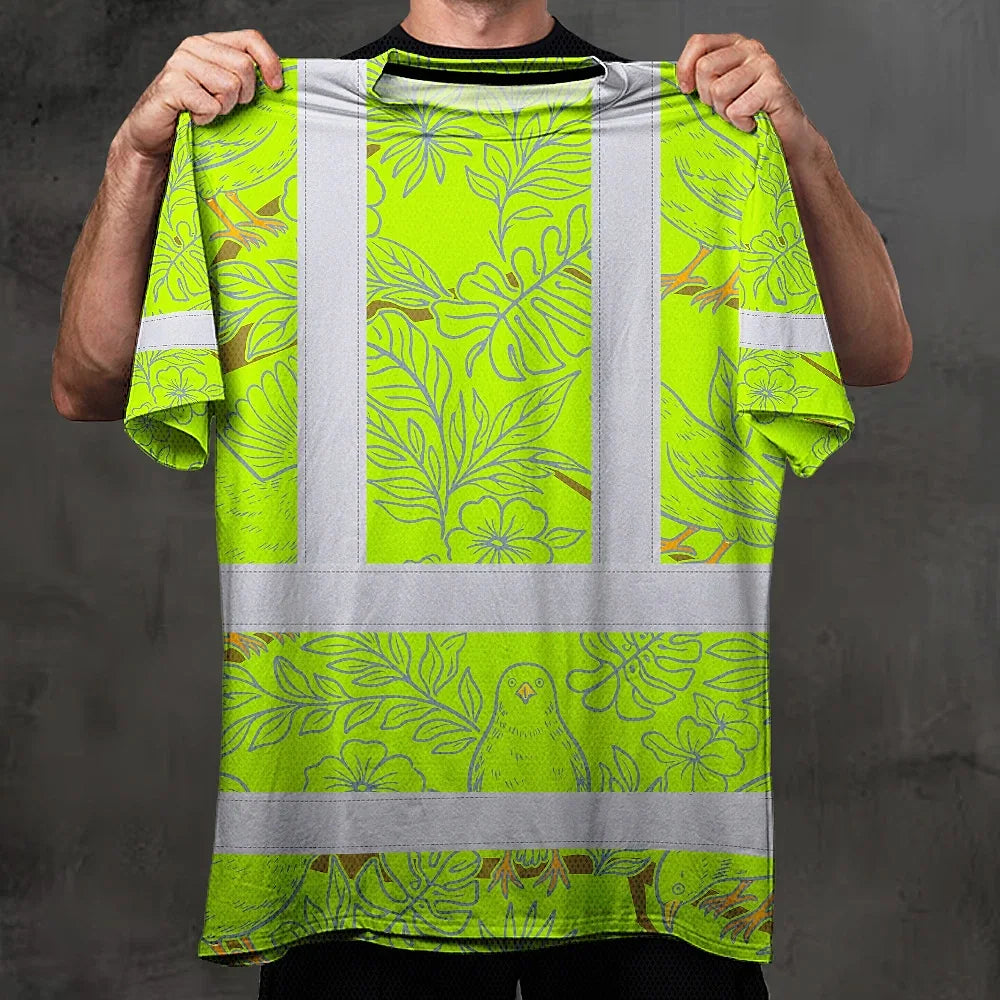 Hi Vis Shirt Reflective Tapes Lime Neon White 2 Flowers Custom Name Safety Workwear For Workers, Truckers, Operators