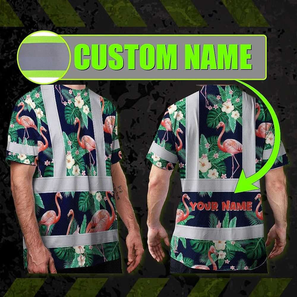 Hi Vis Shirt Reflective Tapes Neon Pink Flowers 2 Custom Name Safety Workwear For Workers, Truckers, Operators