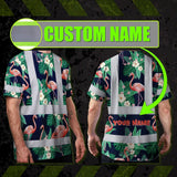 Hi Vis Shirt Reflective Tapes Neon Pink Flowers 2 Custom Name Safety Workwear For Workers, Truckers, Operators