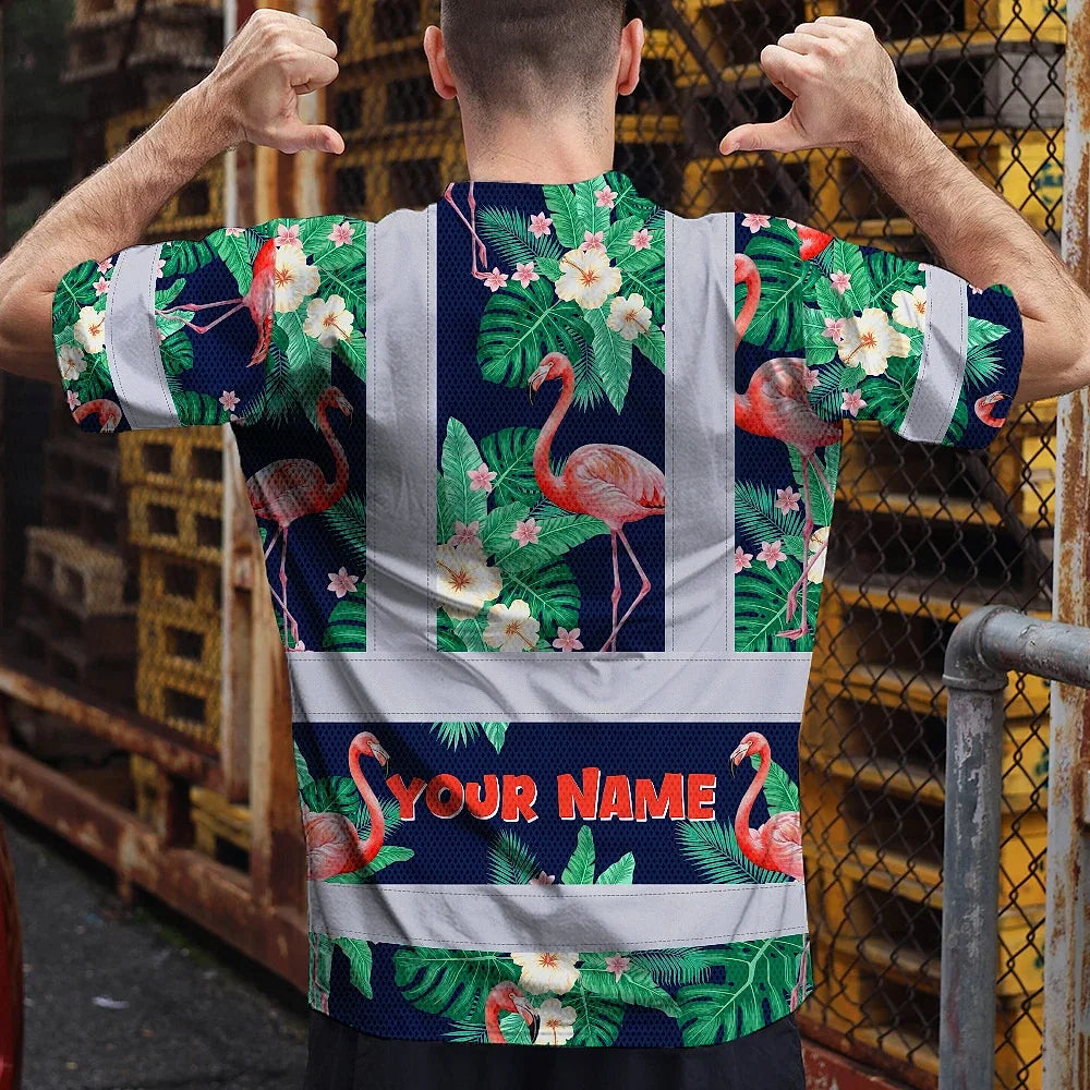 Hi Vis Shirt Reflective Tapes Neon Pink Flowers 2 Custom Name Safety Workwear For Workers, Truckers, Operators