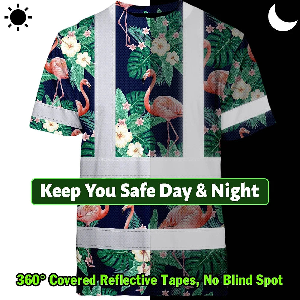 Hi Vis Shirt Reflective Tapes Neon Pink Flowers 2 Custom Name Safety Workwear For Workers, Truckers, Operators