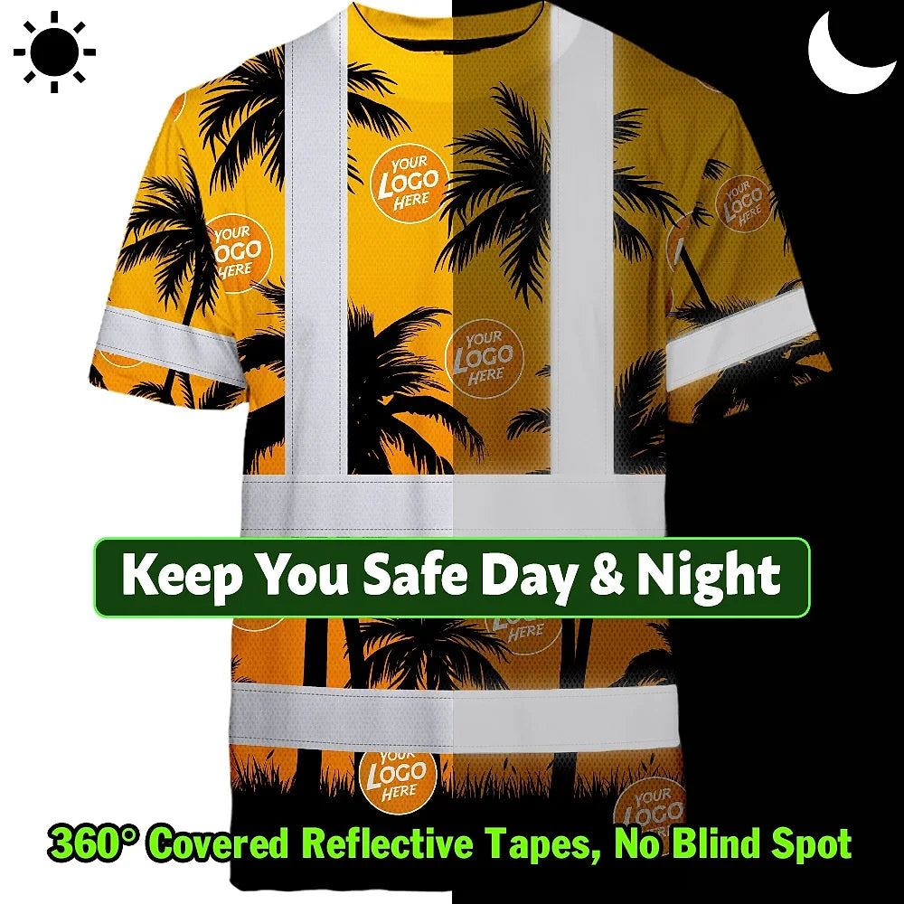 Hi Vis Shirt Reflective Tapes Orange And Black Flowers Custom Name And Logo Safety Workwear For Workers, Truckers, Operators, Company