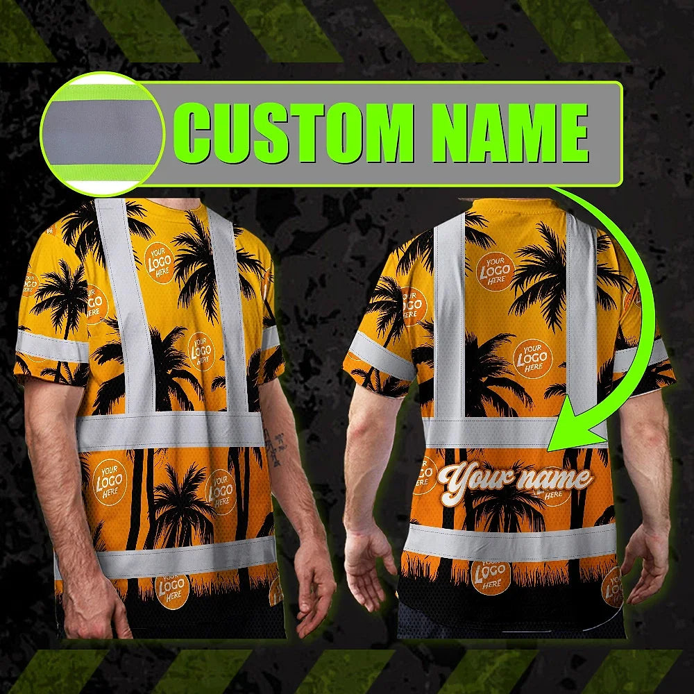 Hi Vis Shirt Reflective Tapes Orange And Black Flowers Custom Name And Logo Safety Workwear For Workers, Truckers, Operators, Company