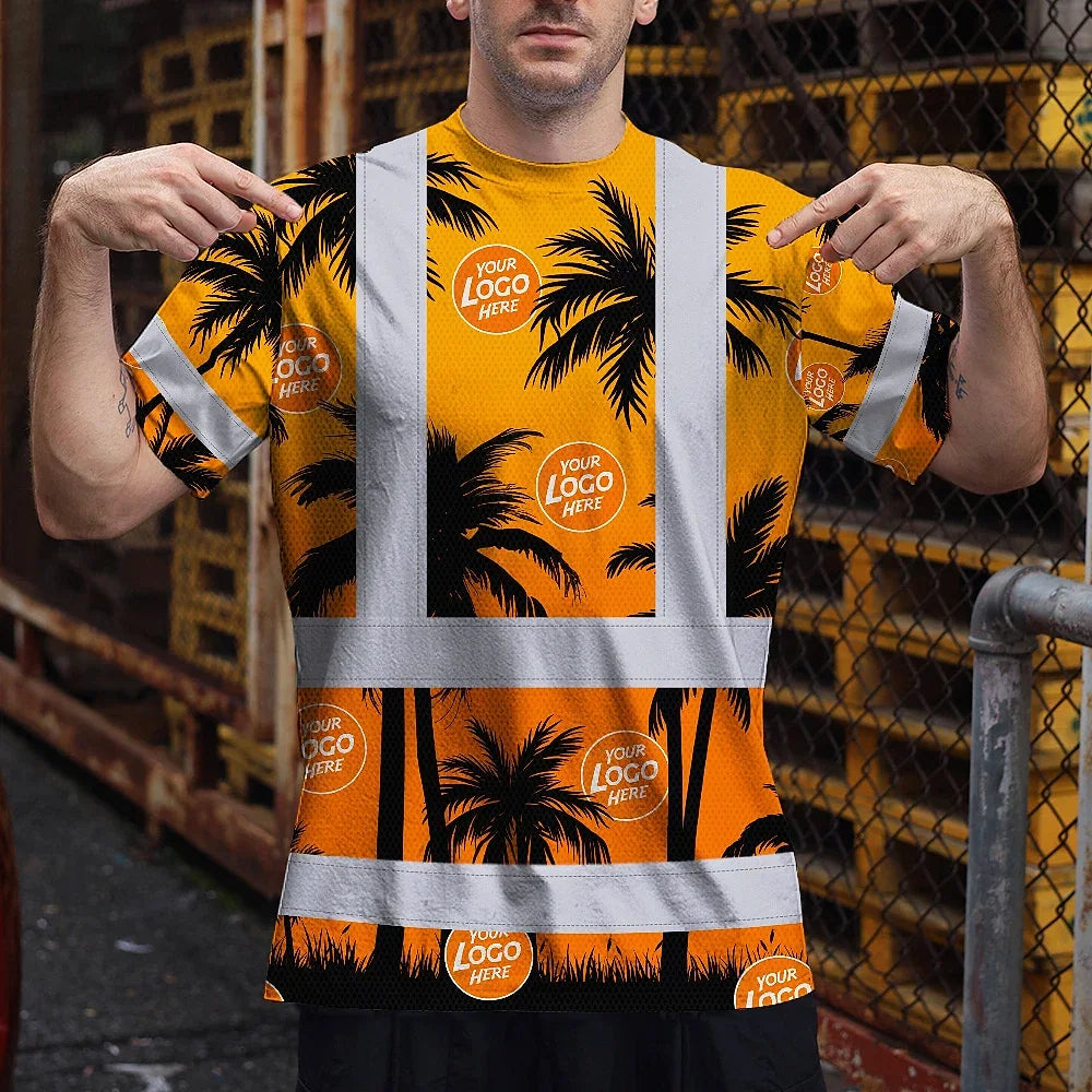 Hi Vis Shirt Reflective Tapes Orange And Black Flowers Custom Name And Logo Safety Workwear For Workers, Truckers, Operators, Company