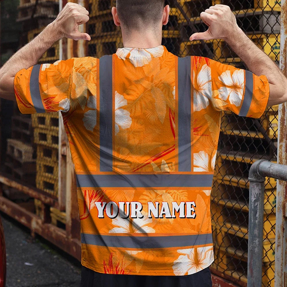 Hi Vis Shirt Reflective Tapes Orange Neon Custom Name Safety Workwear For Workers, Truckers, Operators