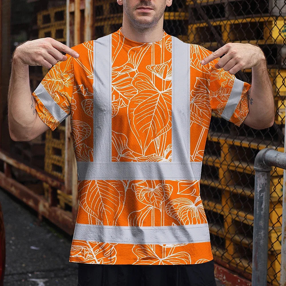 Hi Vis Shirt Reflective Tapes Orange Neon Flowers Custom Name Safety Workwear For Workers, Truckers, Operators