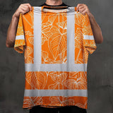 Hi Vis Shirt Reflective Tapes Orange Neon Flowers Custom Name Safety Workwear For Workers, Truckers, Operators