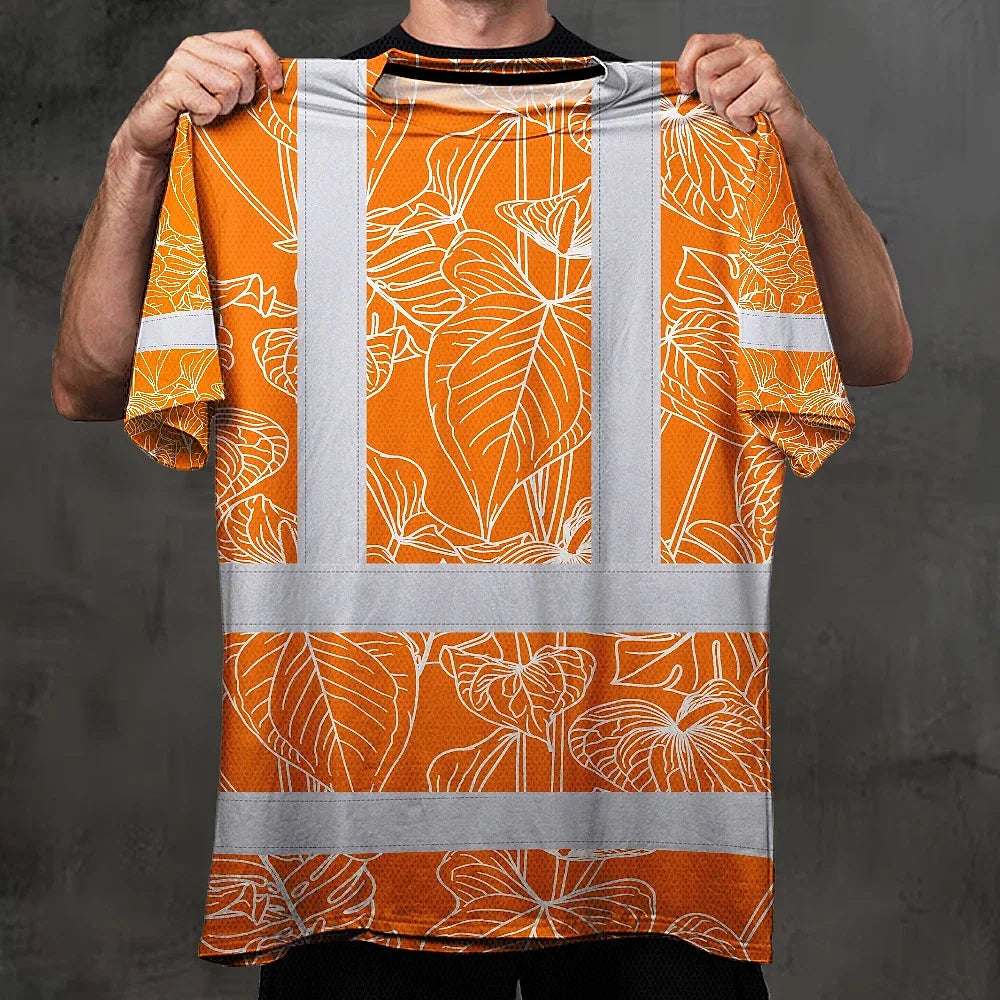 Hi Vis Shirt Reflective Tapes Orange Neon Flowers Custom Name Safety Workwear For Workers, Truckers, Operators
