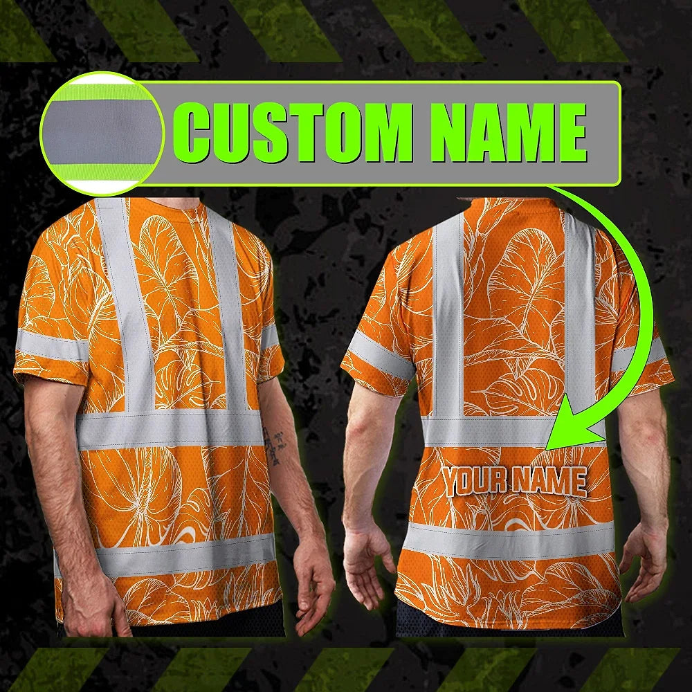 Hi Vis Shirt Reflective Tapes Orange Neon Flowers Custom Name Safety Workwear For Workers, Truckers, Operators