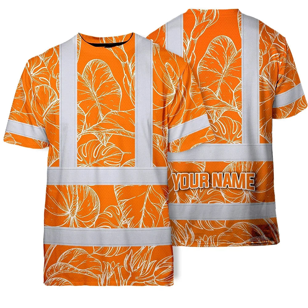 Hi Vis Shirt Reflective Tapes Orange Neon Flowers Custom Name Safety Workwear For Workers, Truckers, Operators