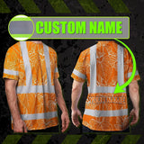Hi Vis Shirt Reflective Tapes Orange Neon Flowers Custom Name Safety Workwear For Workers, Truckers, Operators