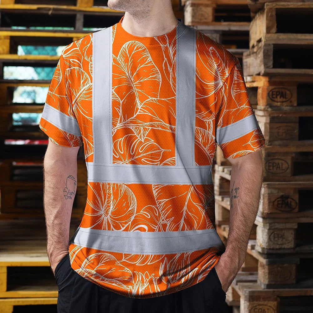 Hi Vis Shirt Reflective Tapes Orange Neon Flowers Custom Name Safety Workwear For Workers, Truckers, Operators
