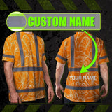 Hi Vis Shirt Reflective Tapes Orange Neon Flowers Custom Name Safety Workwear For Workers, Truckers, Operators
