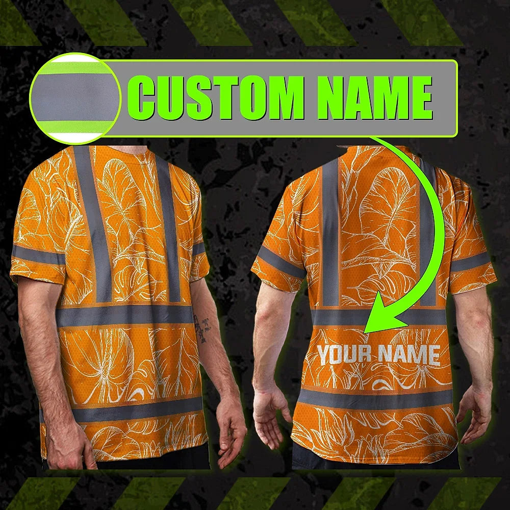 Hi Vis Shirt Reflective Tapes Orange Neon Flowers Custom Name Safety Workwear For Workers, Truckers, Operators