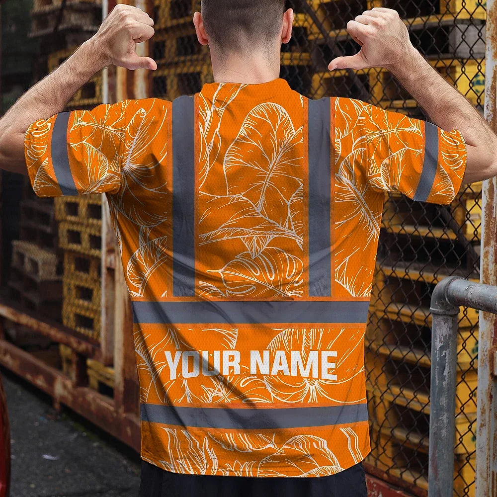 Hi Vis Shirt Reflective Tapes Orange Neon Flowers Custom Name Safety Workwear For Workers, Truckers, Operators