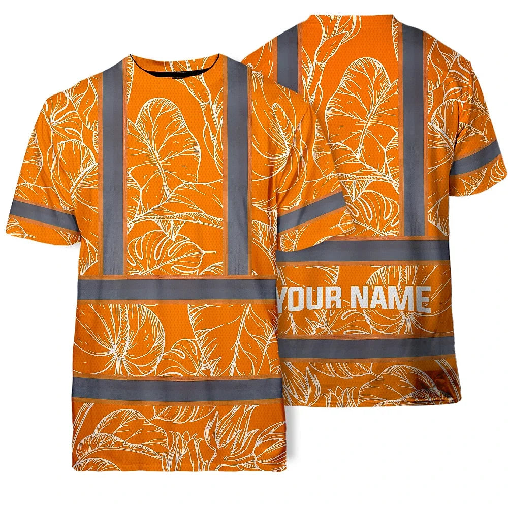 Hi Vis Shirt Reflective Tapes Orange Neon Flowers Custom Name Safety Workwear For Workers, Truckers, Operators