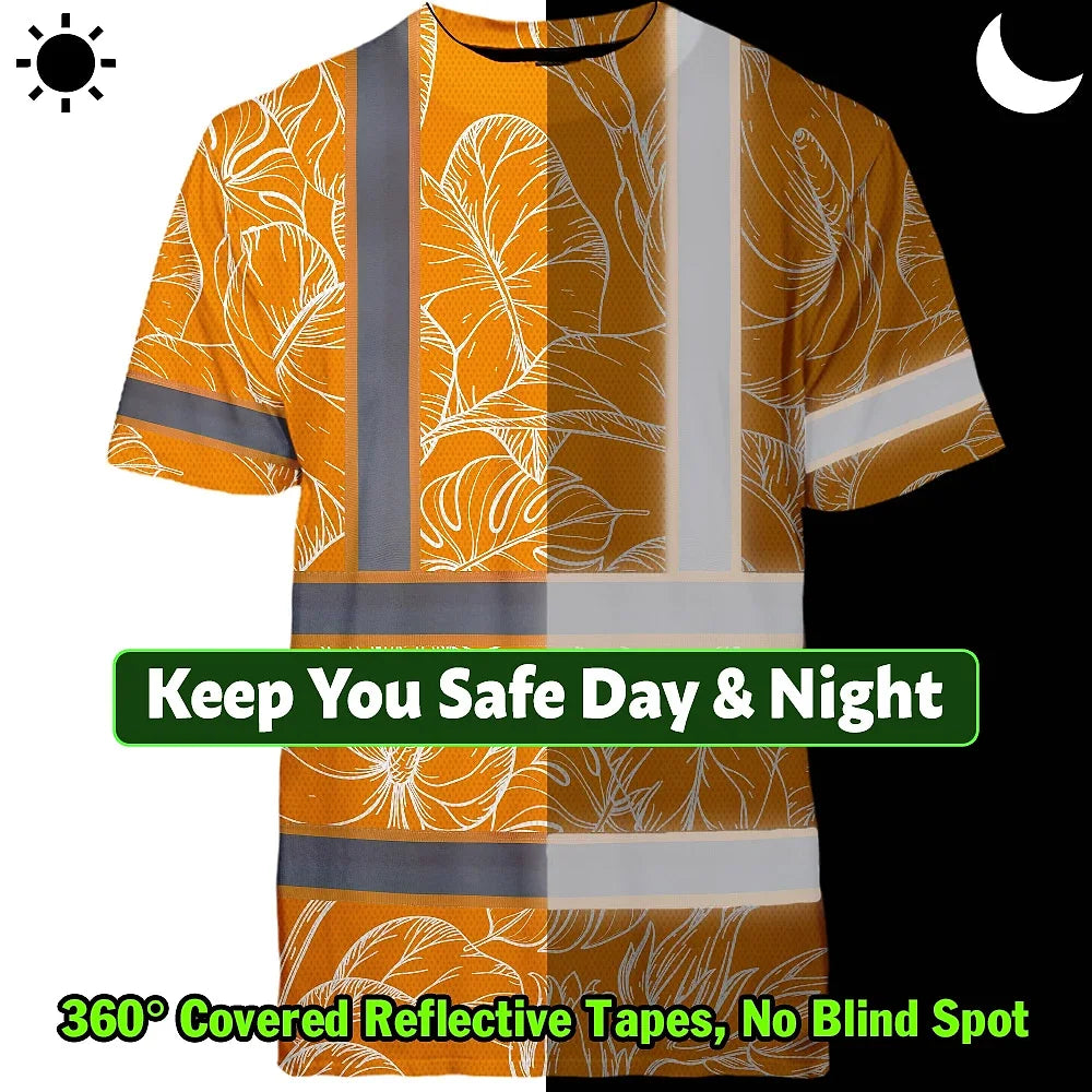 Hi Vis Shirt Reflective Tapes Orange Neon Flowers Custom Name Safety Workwear For Workers, Truckers, Operators