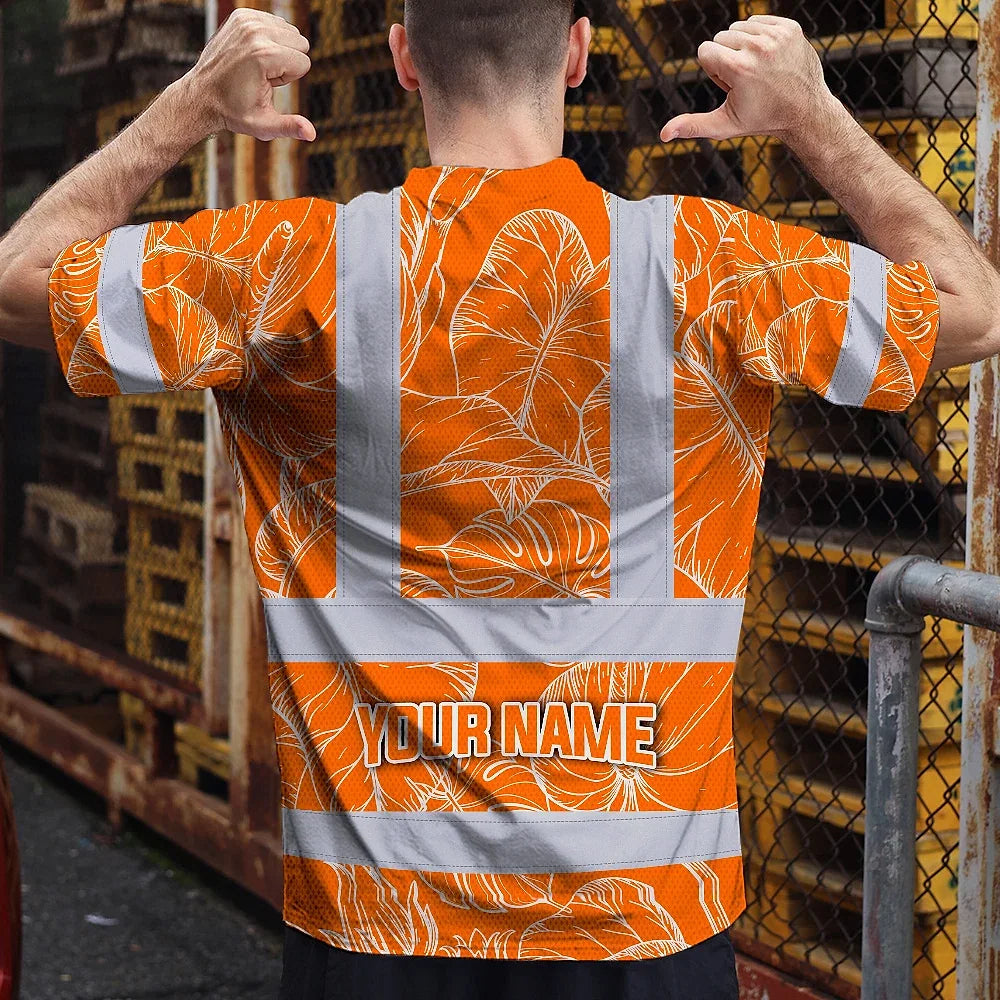 Hi Vis Shirt Reflective Tapes Orange Neon Flowers Custom Name Safety Workwear For Workers, Truckers, Operators