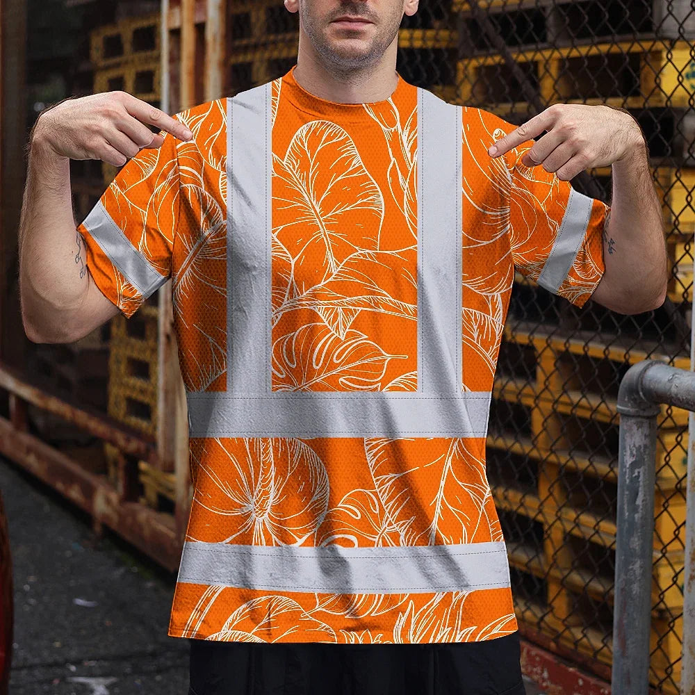 Hi Vis Shirt Reflective Tapes Orange Neon Flowers Custom Name Safety Workwear For Workers, Truckers, Operators