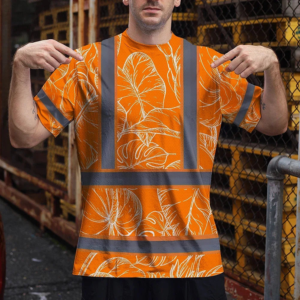 Hi Vis Shirt Reflective Tapes Orange Neon Flowers Custom Name Safety Workwear For Workers, Truckers, Operators