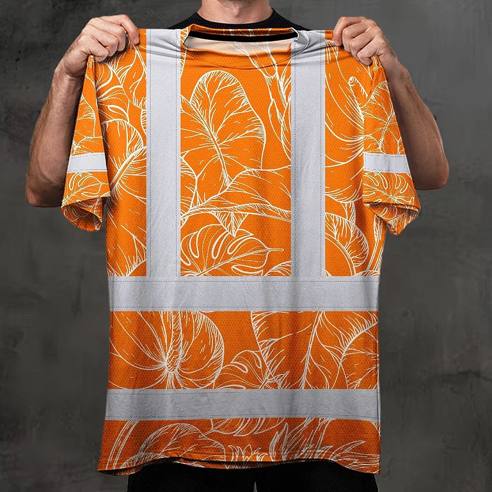 Hi Vis Shirt Reflective Tapes Orange Neon Flowers Custom Name Safety Workwear For Workers, Truckers, Operators