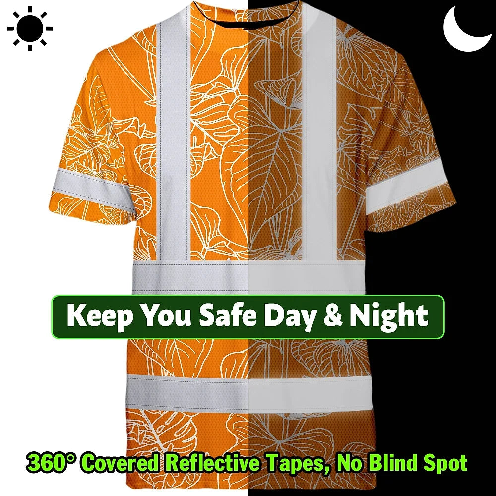 Hi Vis Shirt Reflective Tapes Orange Neon Flowers Custom Name Safety Workwear For Workers, Truckers, Operators
