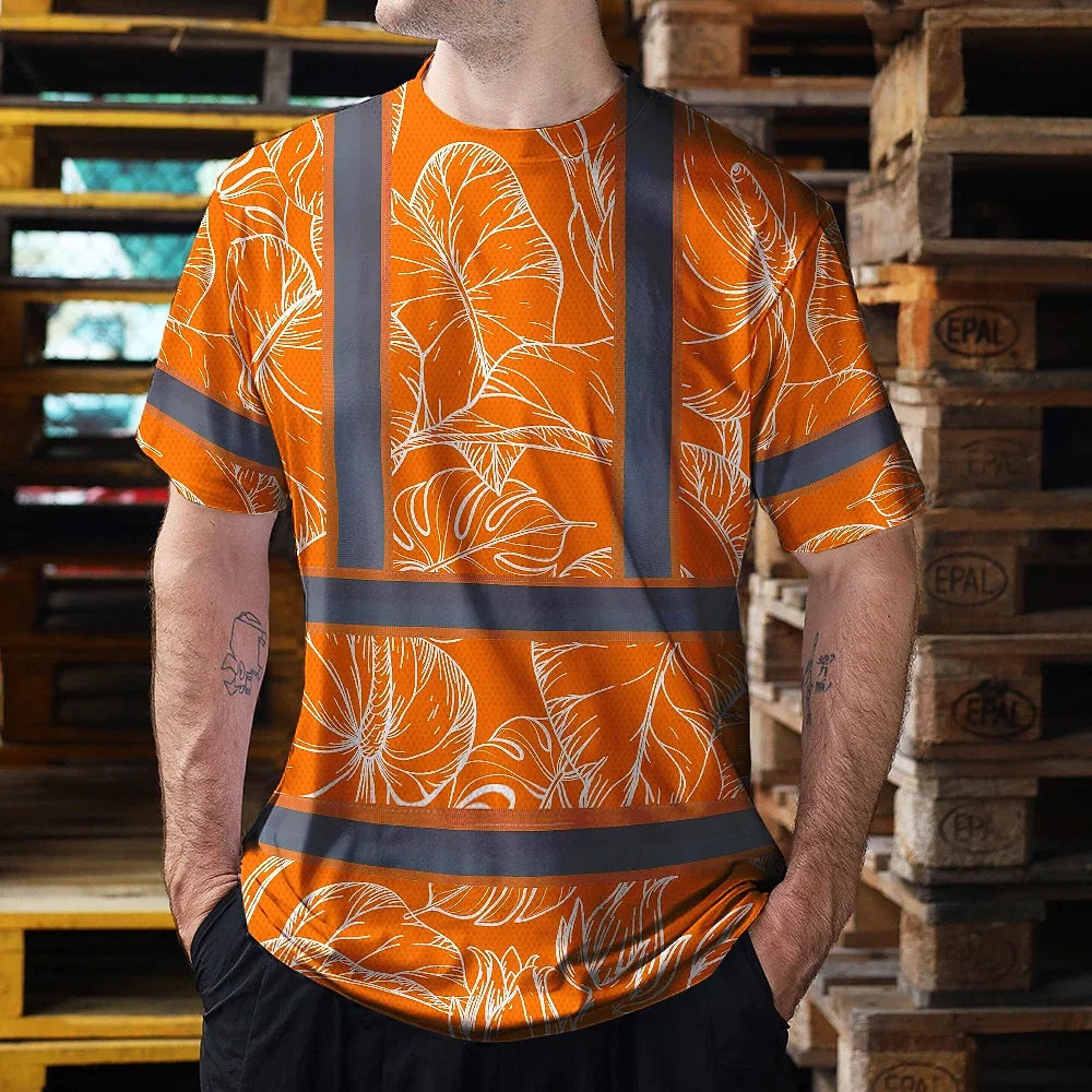 Hi Vis Shirt Reflective Tapes Orange Neon Flowers Custom Name Safety Workwear For Workers, Truckers, Operators