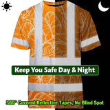 Hi Vis Shirt Reflective Tapes Orange Neon Flowers Custom Name Safety Workwear For Workers, Truckers, Operators