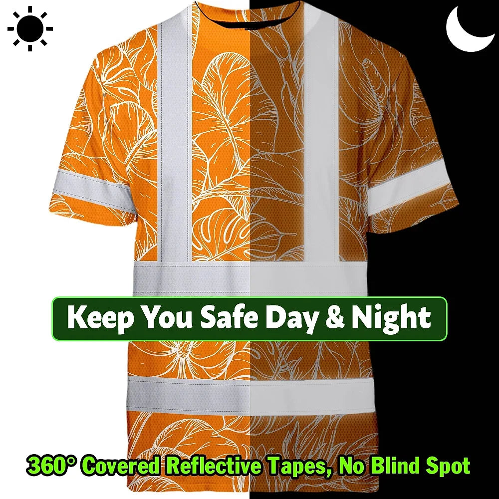 Hi Vis Shirt Reflective Tapes Orange Neon Flowers Custom Name Safety Workwear For Workers, Truckers, Operators