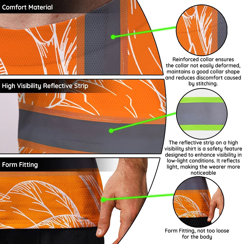 Hi Vis Shirt Reflective Tapes Orange Neon Flowers Custom Name Safety Workwear For Workers, Truckers, Operators
