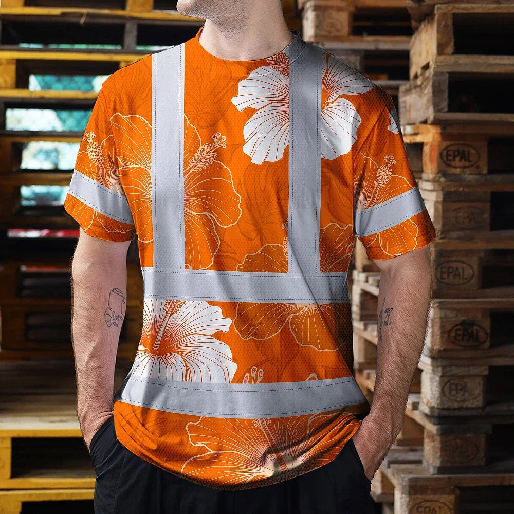 Hi Vis Shirt Reflective Tapes Orange White Flowers Custom Name Safety Workwear For Workers, Truckers, Operators