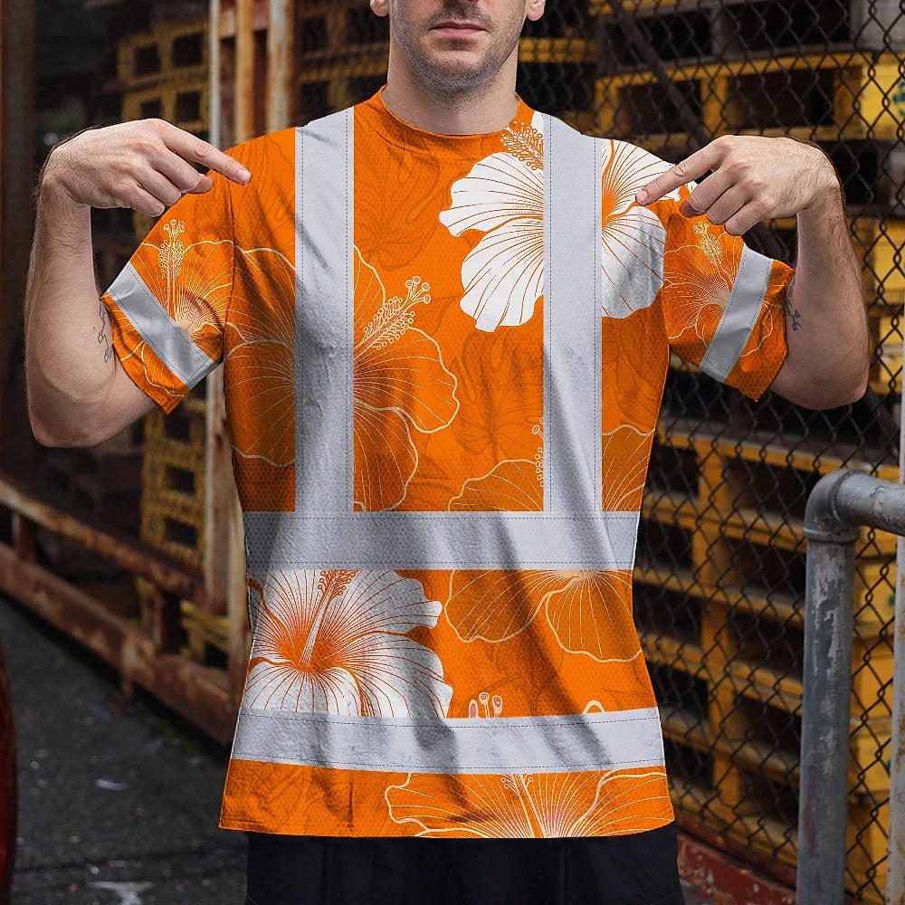 Hi Vis Shirt Reflective Tapes Orange White Flowers Custom Name Safety Workwear For Workers, Truckers, Operators