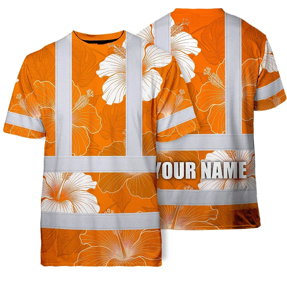 Hi Vis Shirt Reflective Tapes Orange White Flowers Custom Name Safety Workwear For Workers, Truckers, Operators