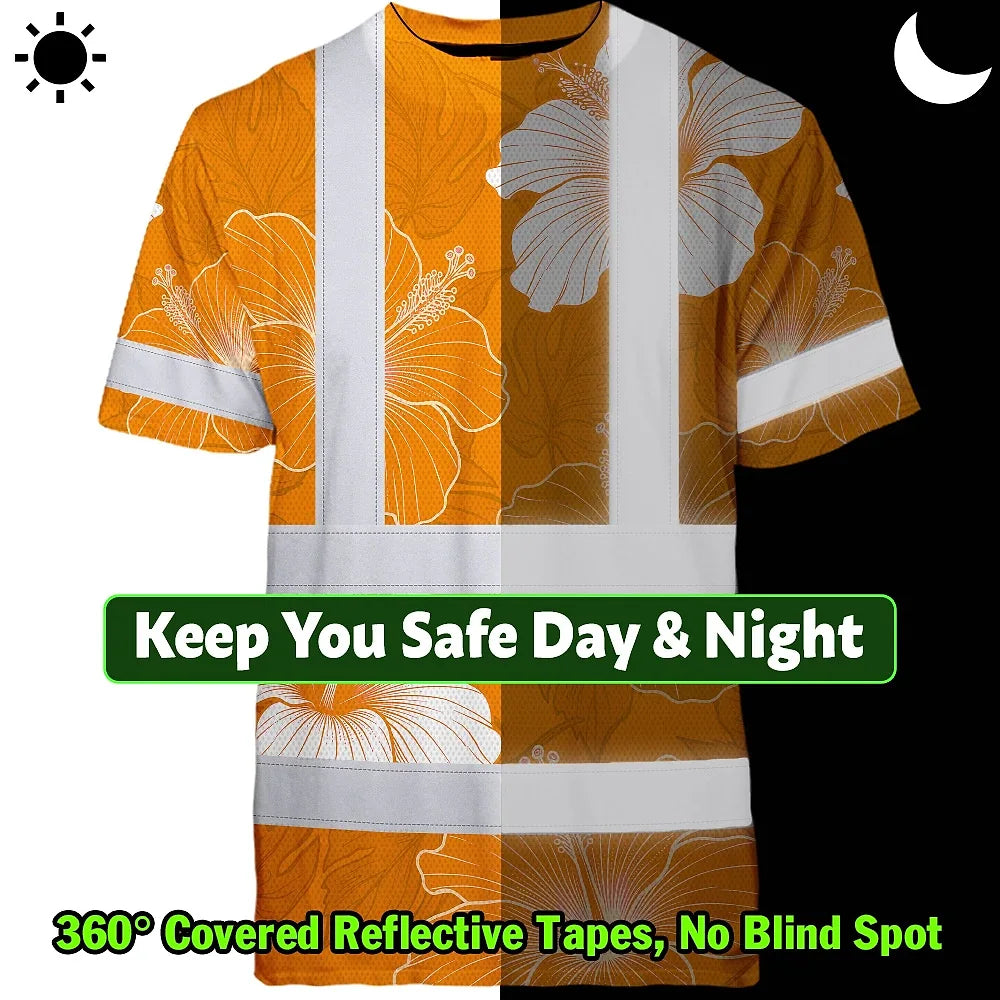 Hi Vis Shirt Reflective Tapes Orange White Flowers Custom Name Safety Workwear For Workers, Truckers, Operators