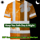 Hi Vis Shirt Reflective Tapes Orange White Flowers Custom Name Safety Workwear For Workers, Truckers, Operators